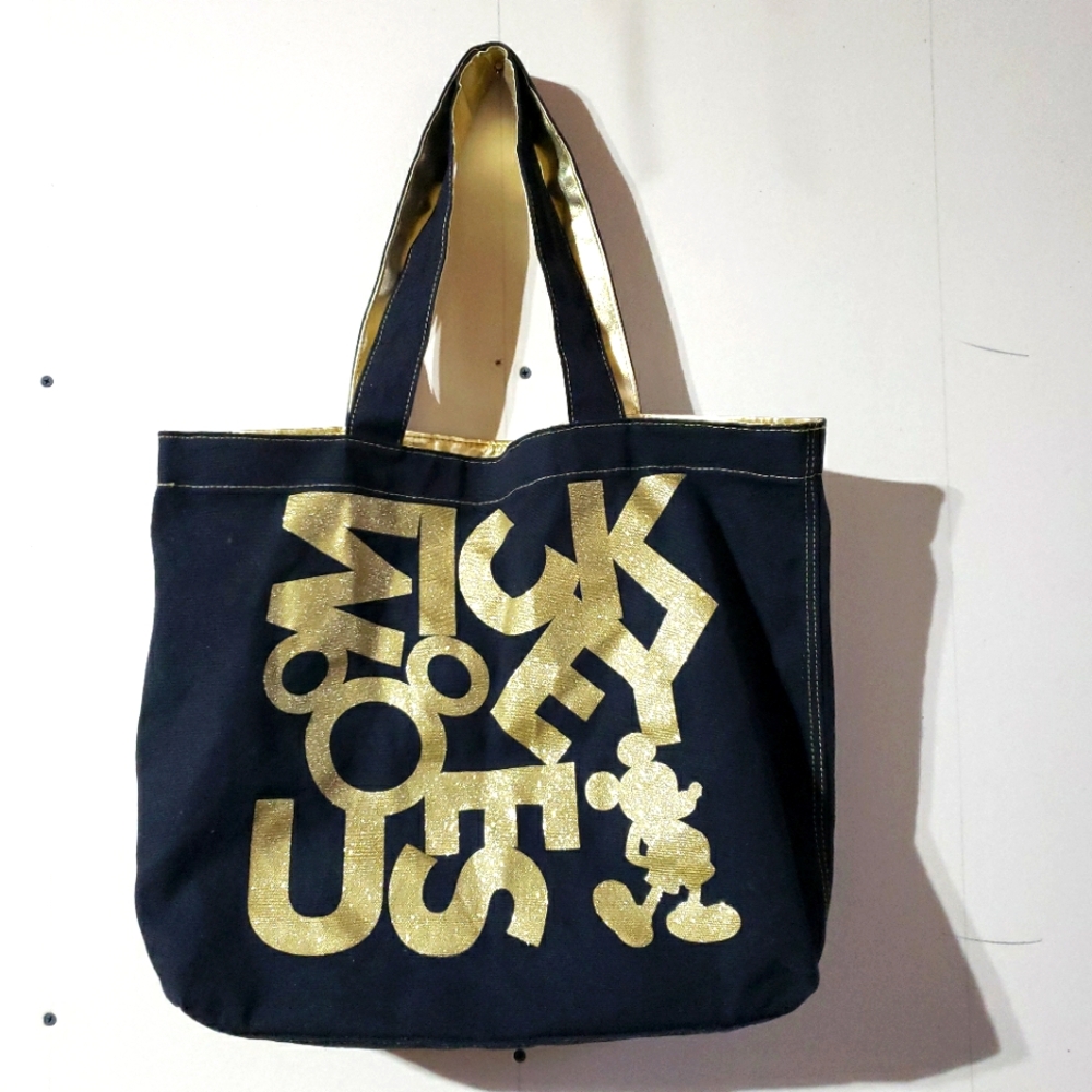 Disney Parks Mickey Mouse Canvas Tote Bag Shoulder Black Gold Glitter spellout